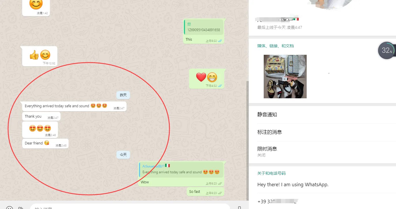 WhatsApp customer review from Italy