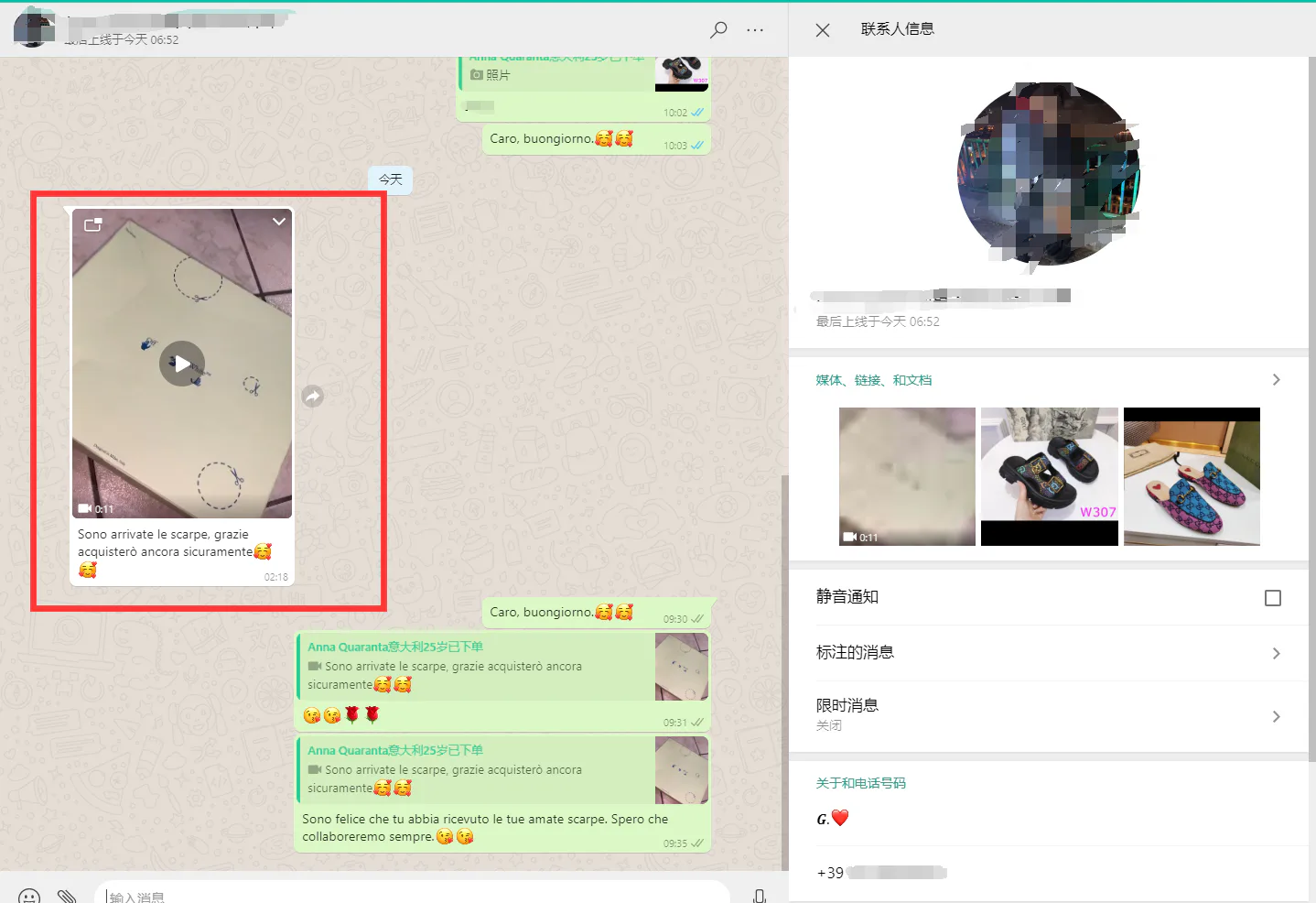 WhatsApp customer review from Italy