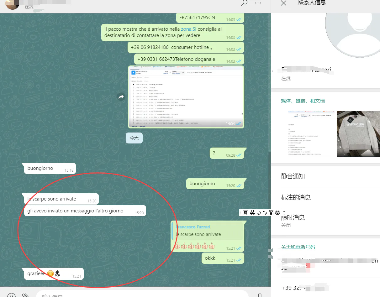 WhatsApp customer review from Italy