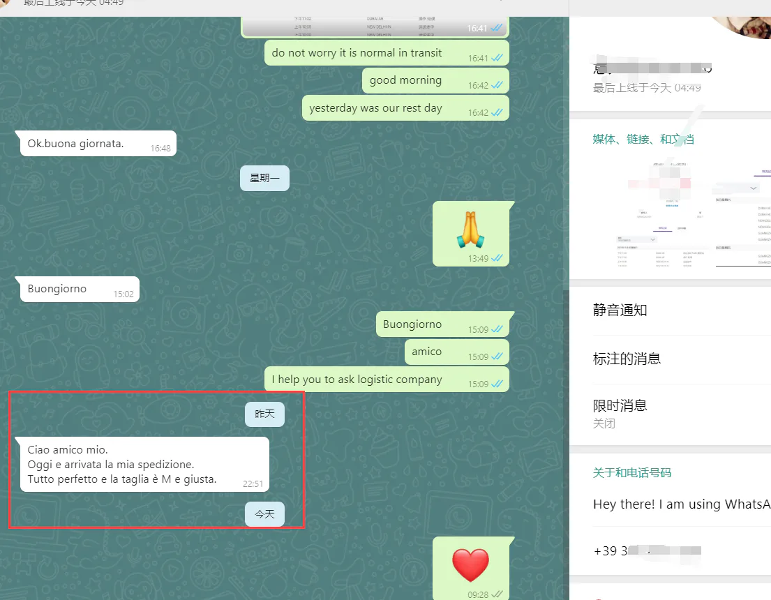 WhatsApp customer review from Italy