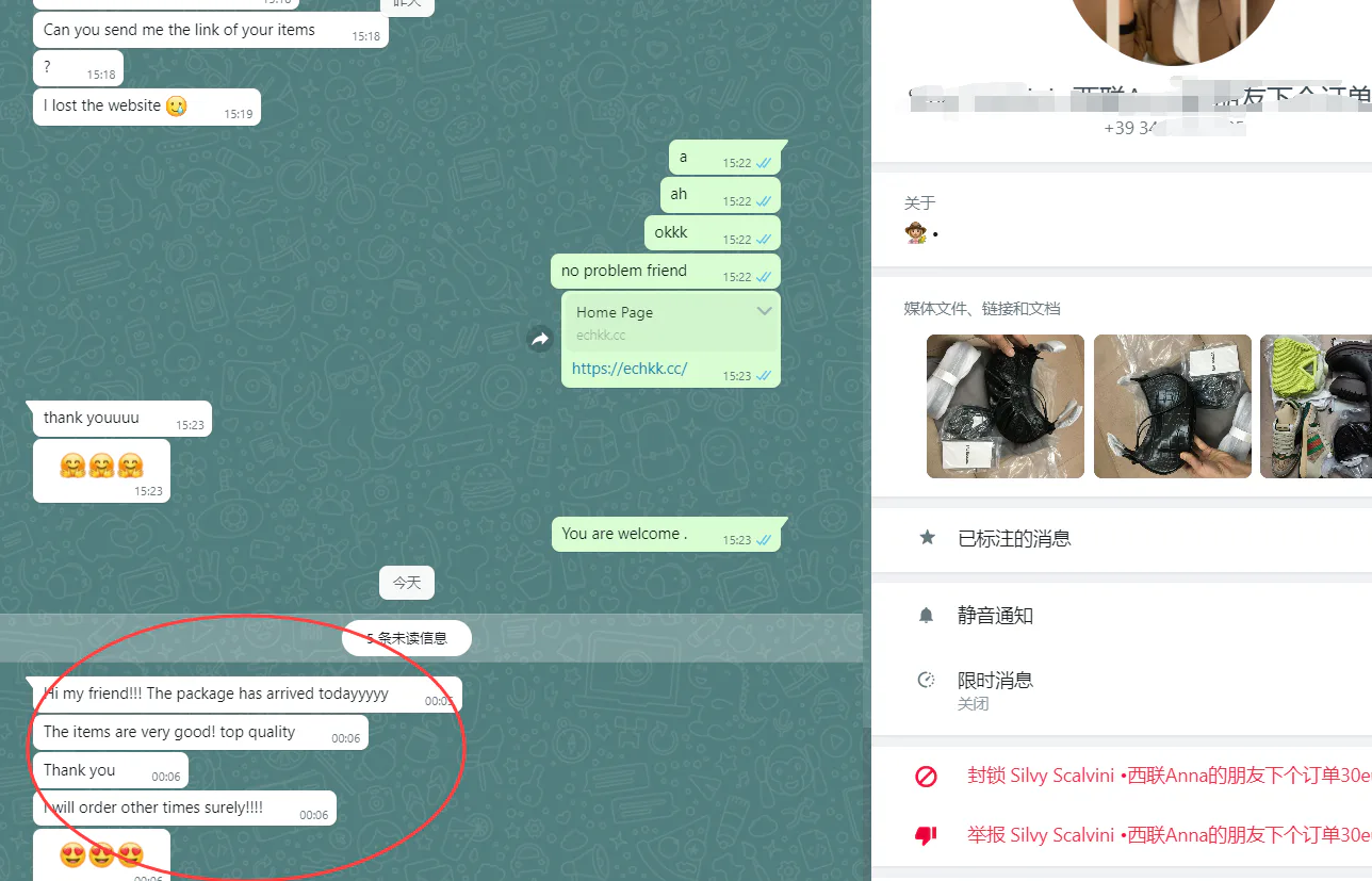 WhatsApp customer review from Italy