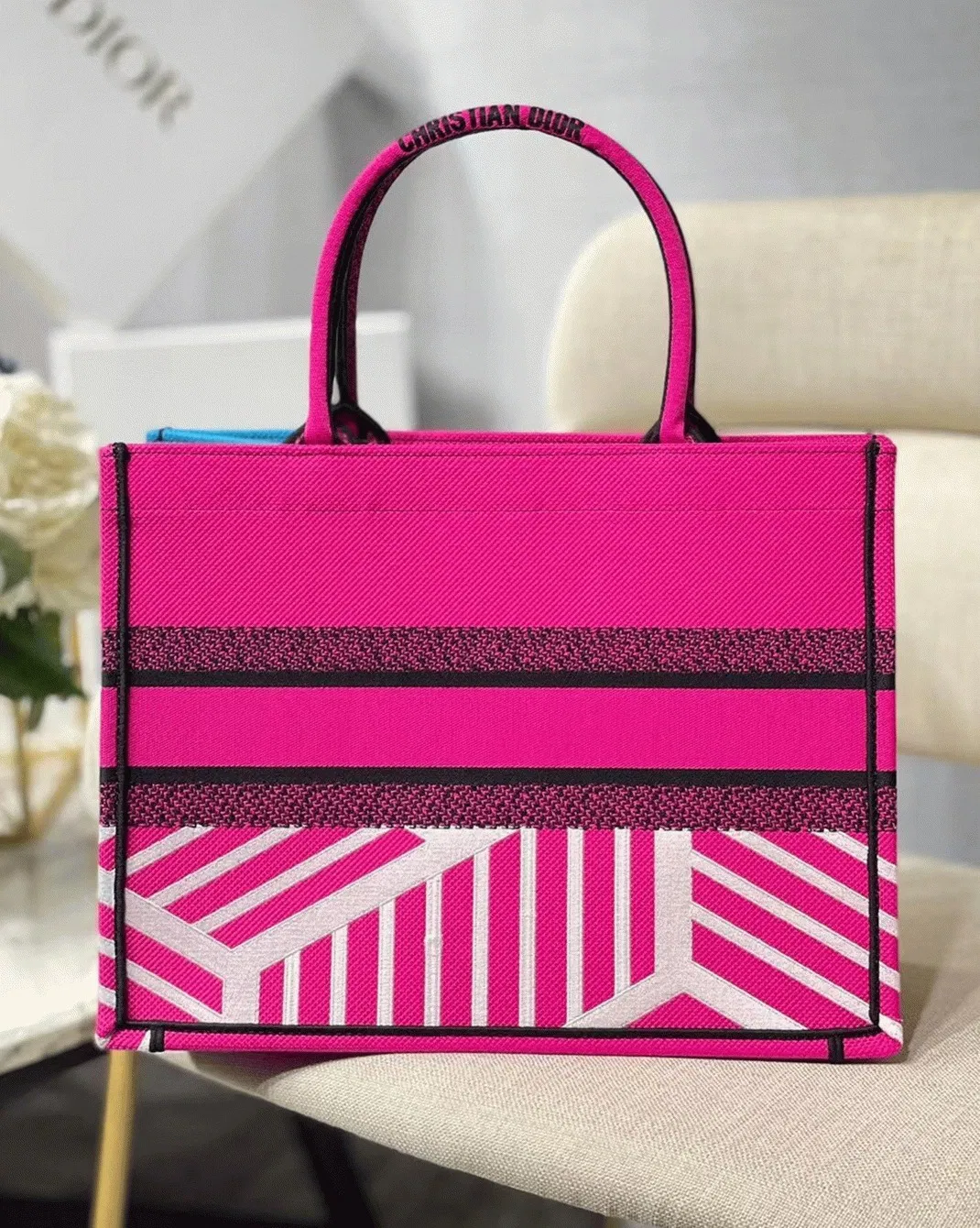 Dior Medium Book Tote Bag in Pink D-Jungle Pop Embroidery — image 8