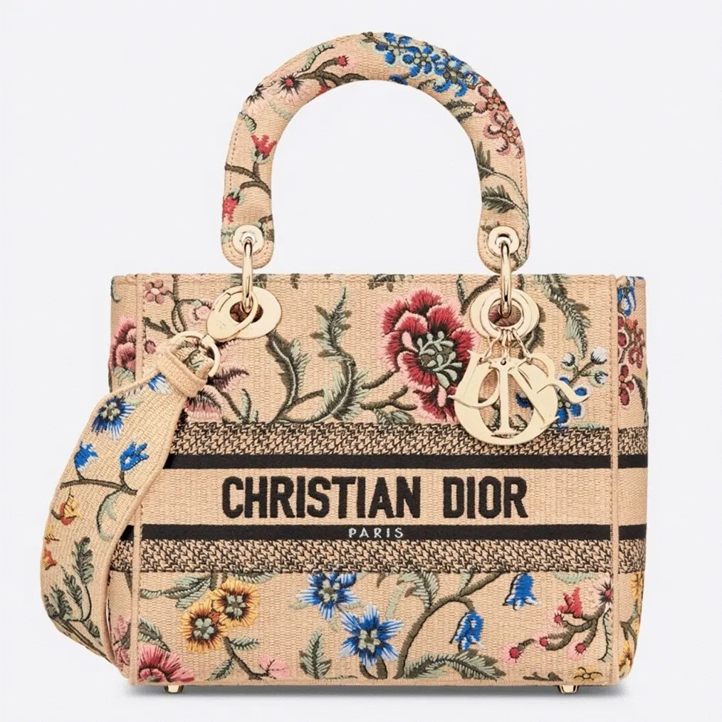 Dior Lady D-Lite Medium Bag in Beige Raffia Embroidered with Dior Petites Fleurs