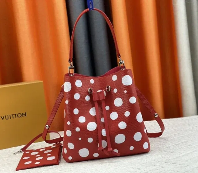 Louis Vuitton X YK Epi Leather NeoNoe MM Red Bag In White Infinity Dots