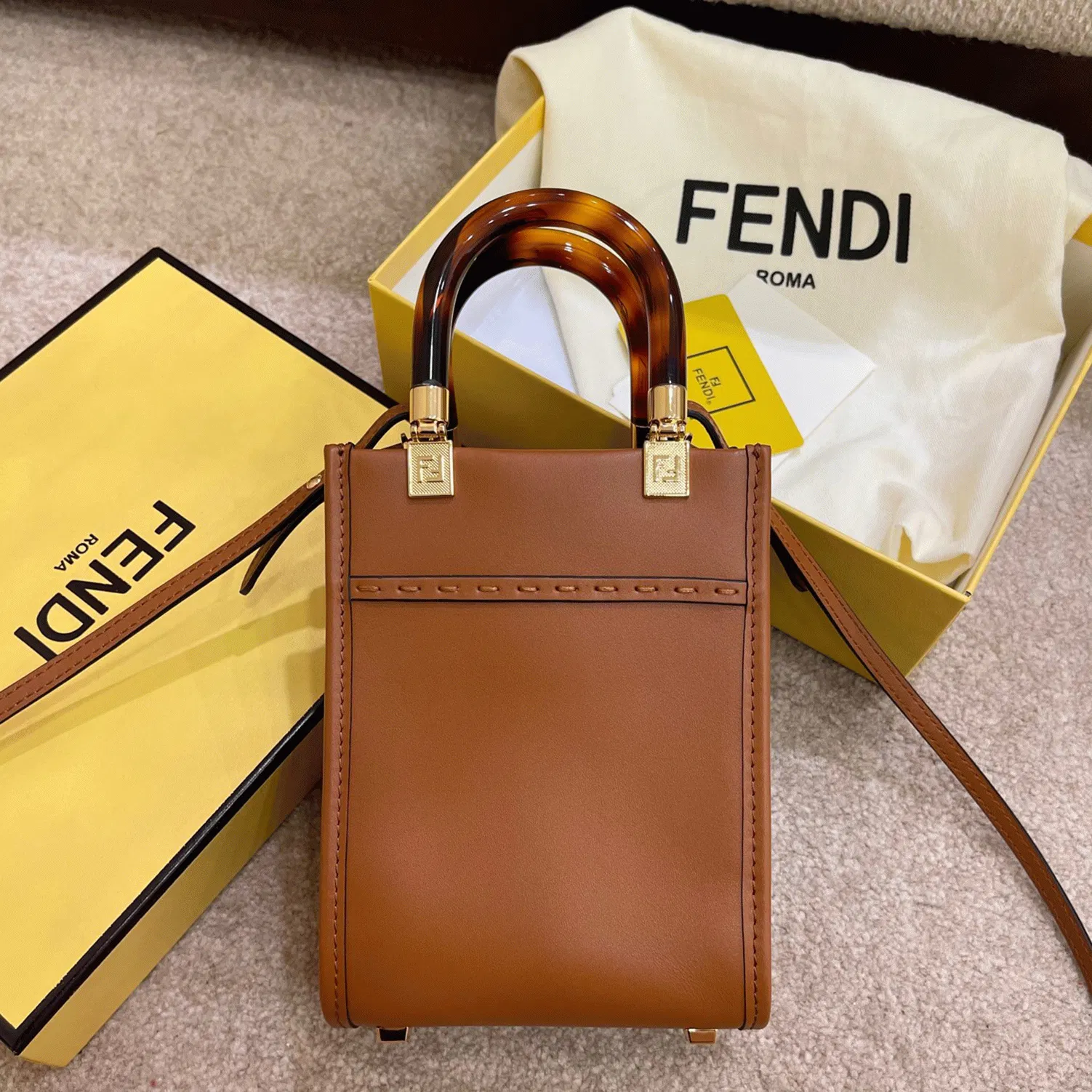 Top Quality Fendi Mini Sunshine Shopper Bag In Brown Leather — image 5