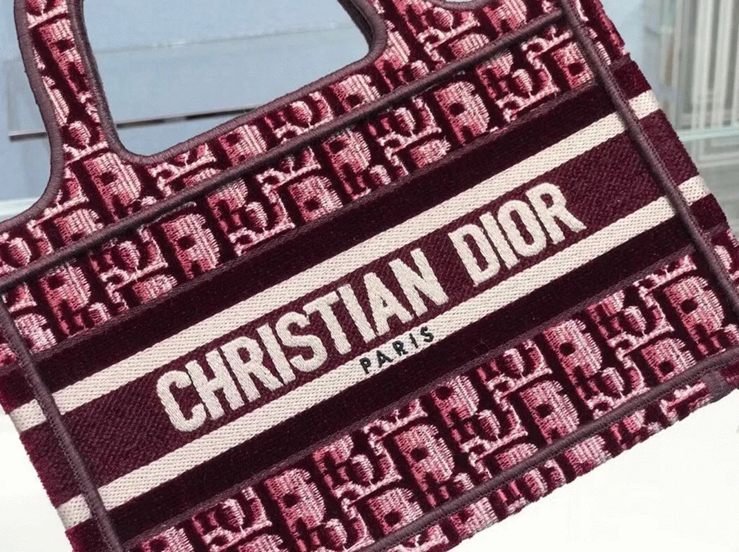 Dior Mini Book Tote Bag in Bordeaux Velvet Oblique Embroidered — image 4