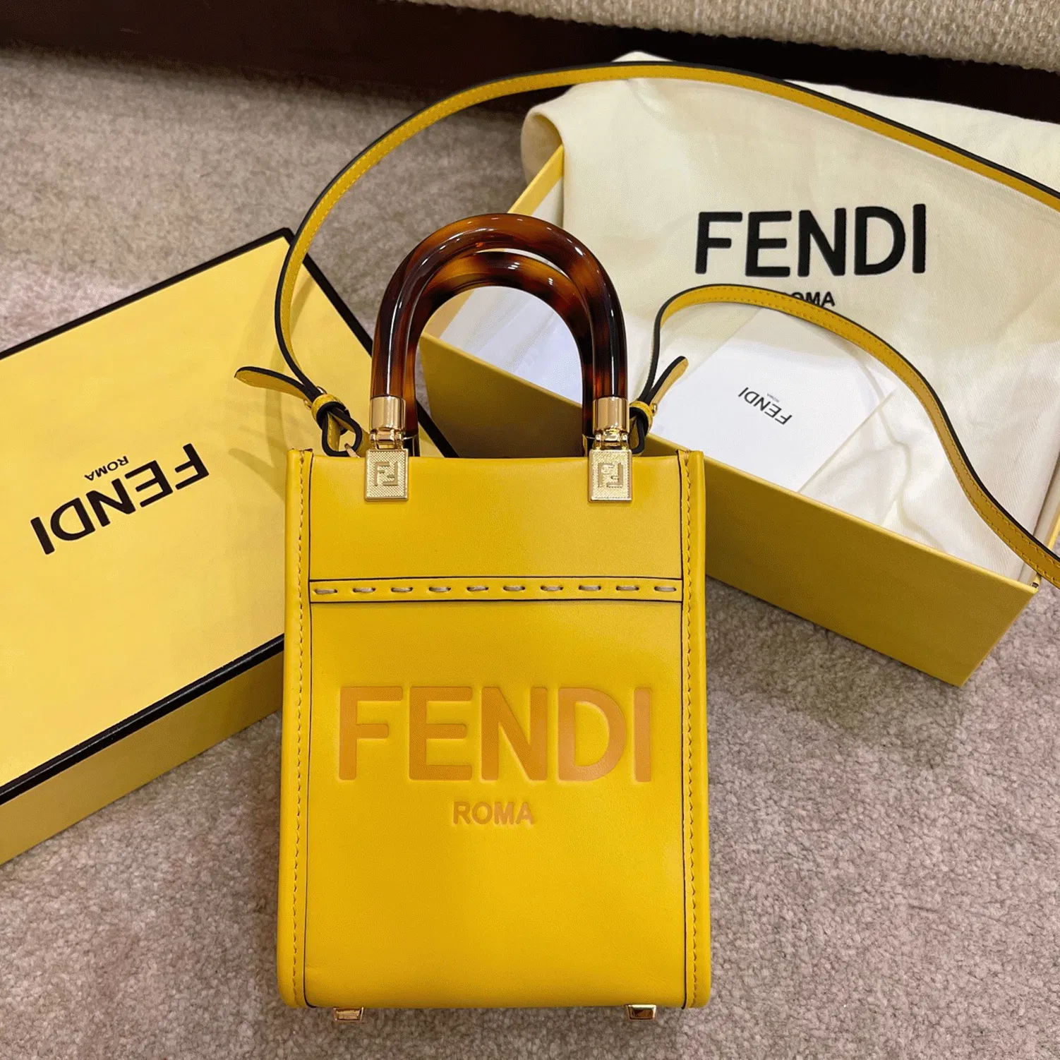 Top Quality Fendi Mini Sunshine Shopper Bag In Yellow Leather — image 7