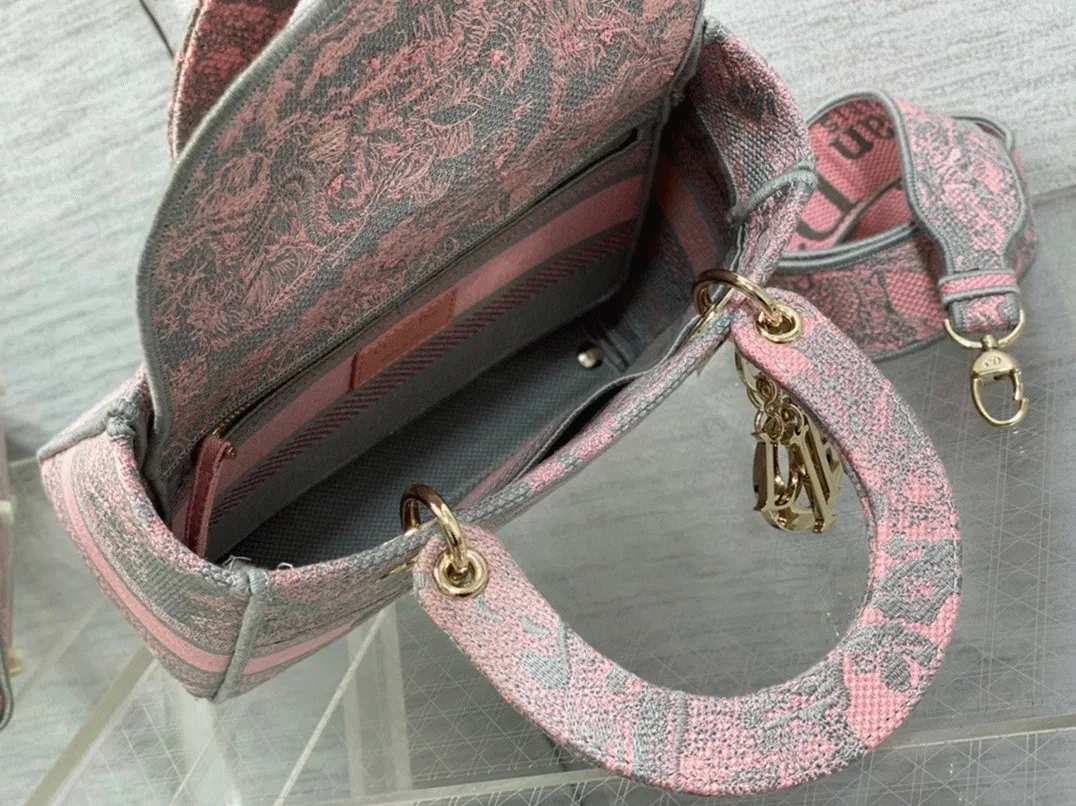 Dior Lady D-Lite Medium Bag Knockoff in Grey and Pink Toile de Jouy Reverse Embroidery — image 3