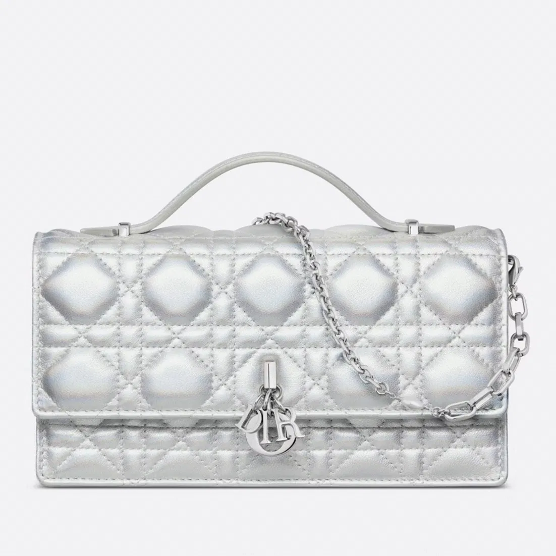 Dior Miss Dior Mini Bag Knockoff in Iridescent Metallic Silver Lambskin