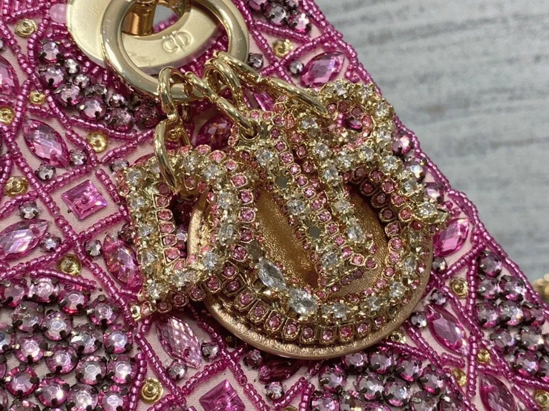 Dior Lady Dior Mini Chain Bag in Satin with Pink Resin Pearl Embroidery — image 6