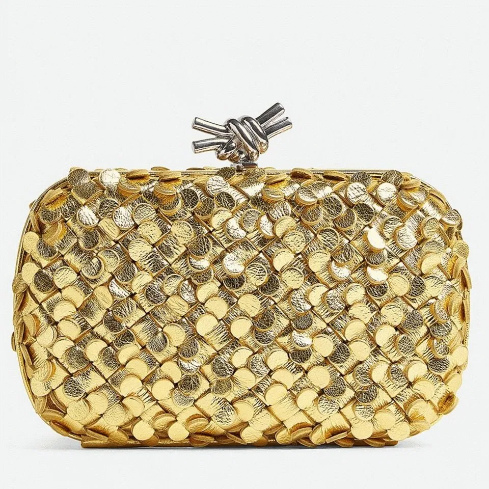Bottega Veneta Knot Minaudiere Clutch Gold Sequins