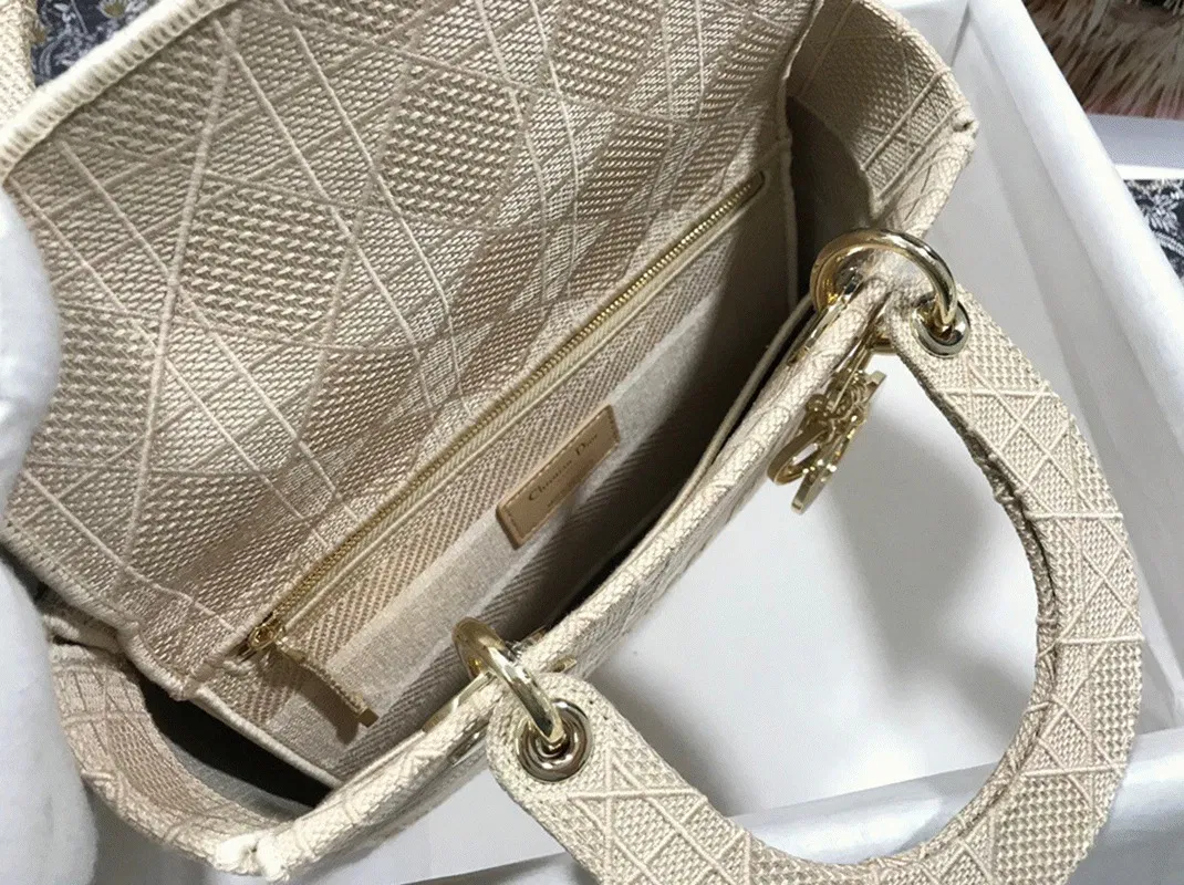 Dior Lady D-Lite Medium Bag Knockoff in Beige Cannage Embroidered Canvas — image 3