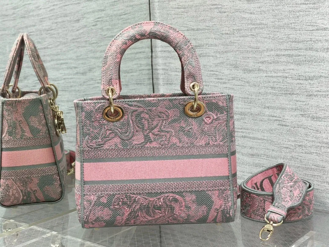 Dior Lady D-Lite Medium Bag Knockoff in Grey and Pink Toile de Jouy Reverse Embroidery — image 2