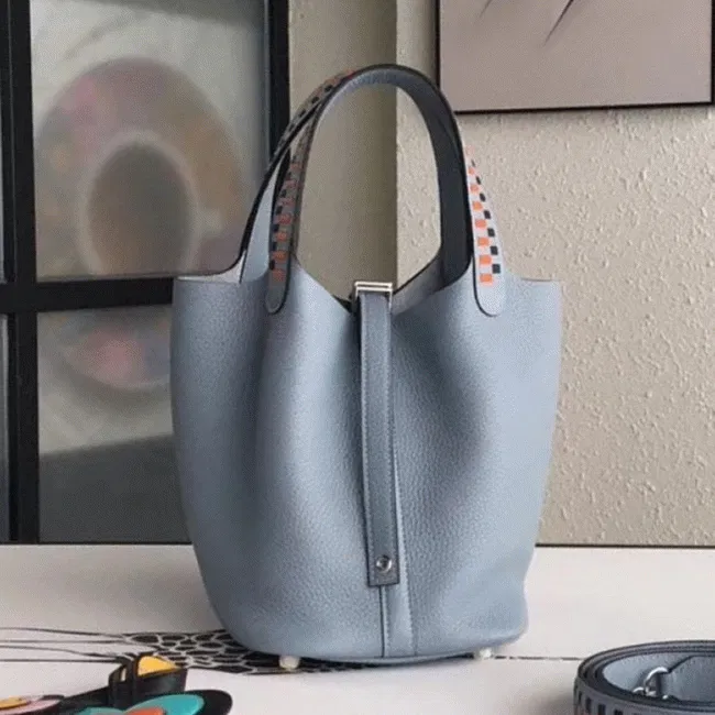 Blue braided handles luxury Hermes Lin Picotin Lock 22cm handbag