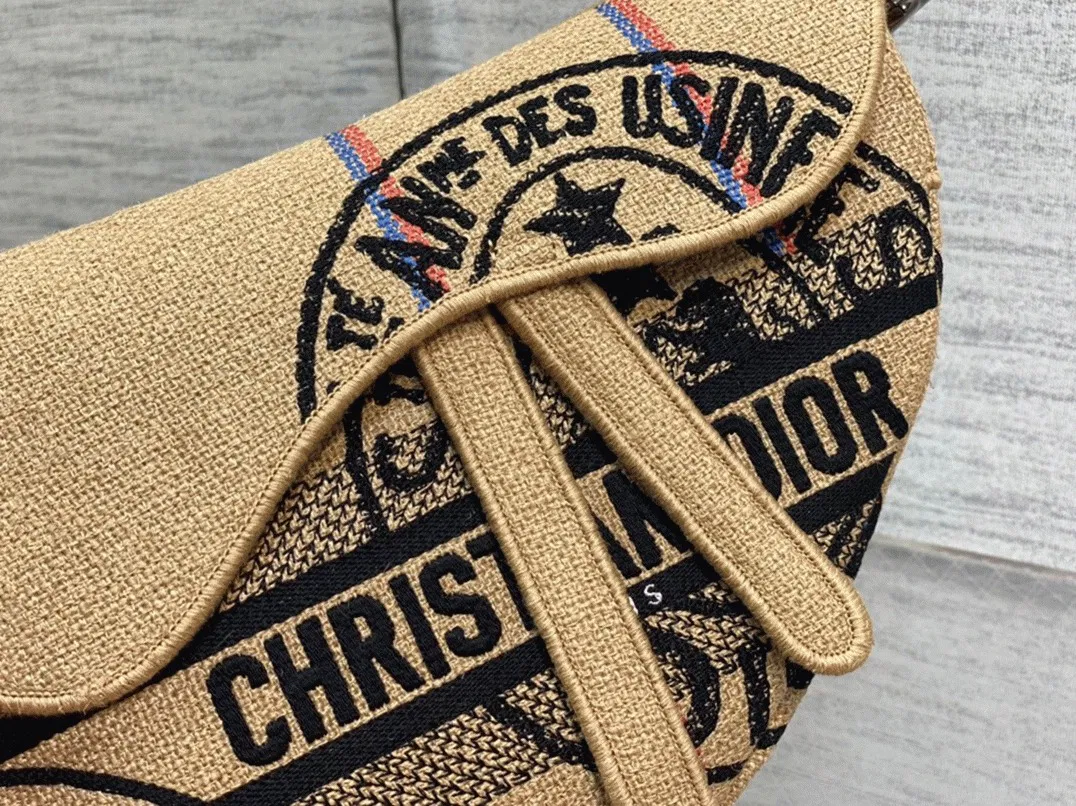 Dior Saddle Bag Knockoff in Beige Jute Canvas with Dior Union Motif — image 10