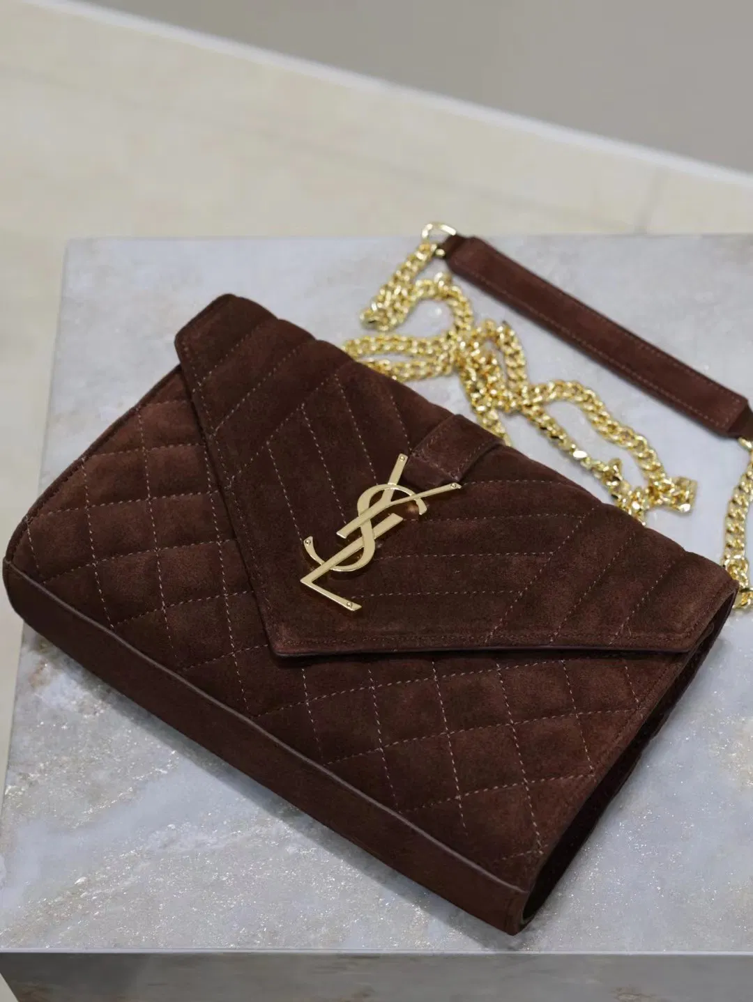 Saint Laurent Envelope Triquilt Small YSL Shoulder Bag in Suede — image 4