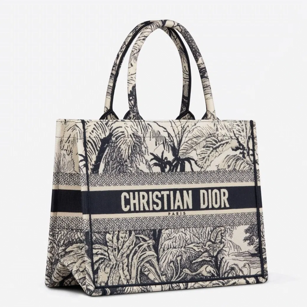Dior Medium Book Tote Bag in Blue Toile de Jouy Palms Embroidery