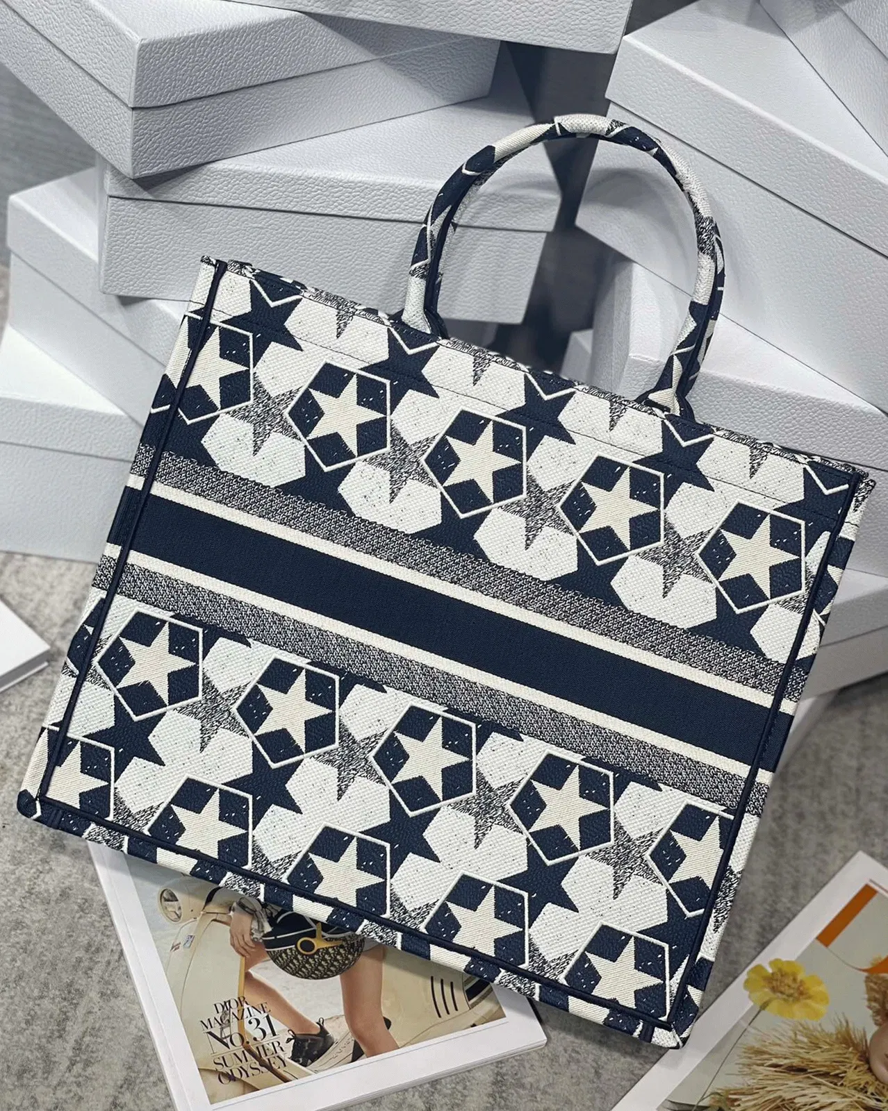 Dior Large Book Tote Bag Knockoff in Blue and White Dior Etoile Embroidery — image 5