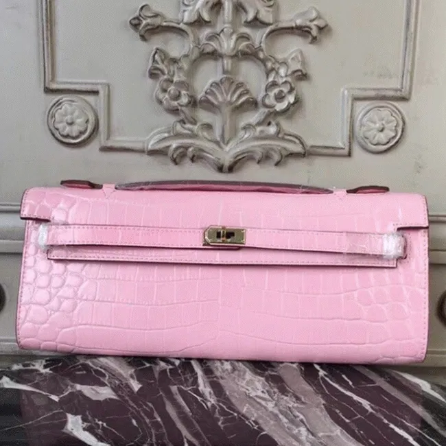 Pink Crocodile Hermes Kelly Cut Clutch Feminine Tote
