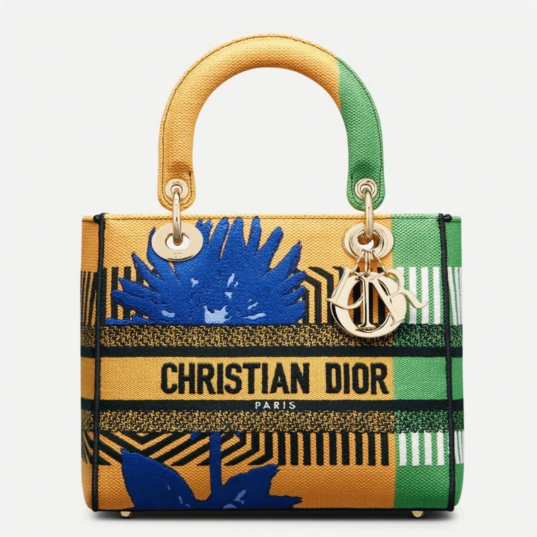 Dior Lady D-Lite Medium Bag in Yellow Green D-Flower Pop Embroidery
