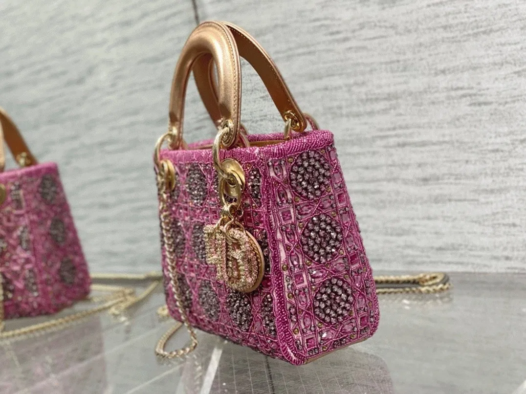 Dior Lady Dior Mini Chain Bag in Satin with Pink Resin Pearl Embroidery — image 7