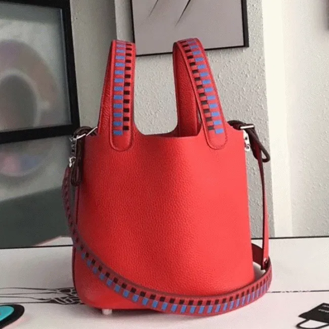 Red Hermes Picotin Lock 22cm handbag with braided handles