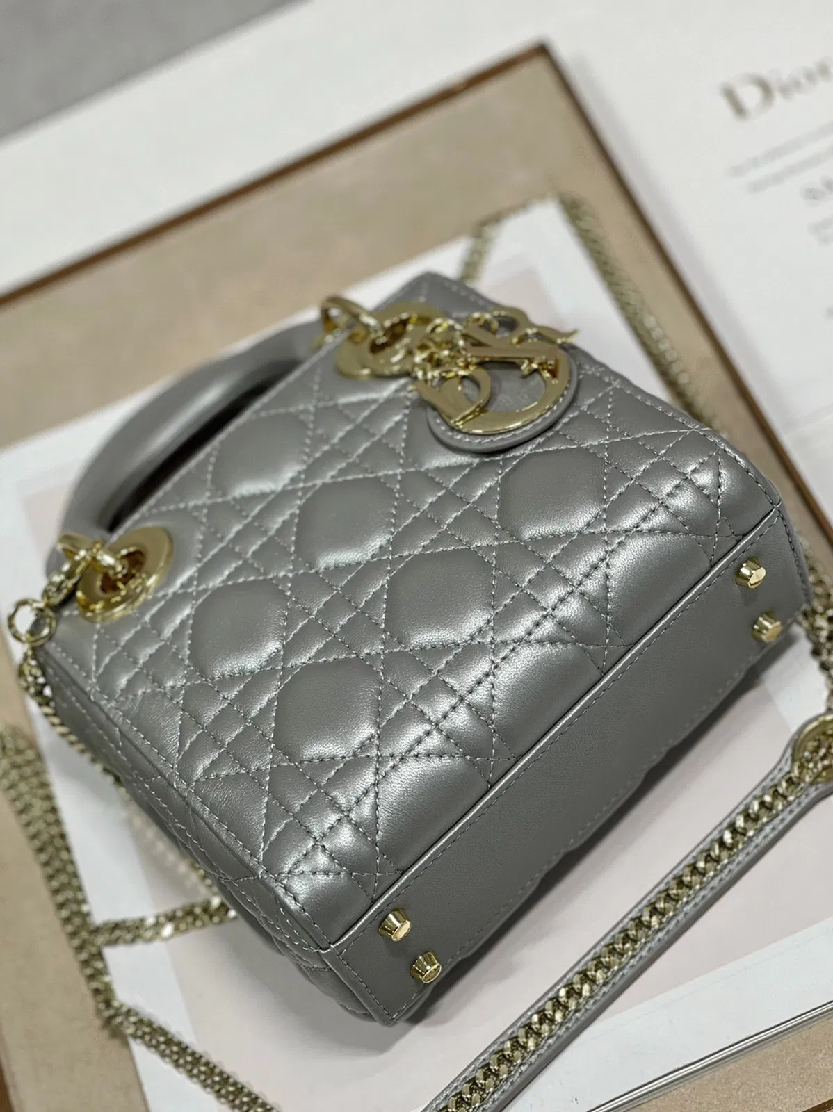 Dior Lady Dior Mini Chain Bag in Grey Pearlescent Lambskin — image 2