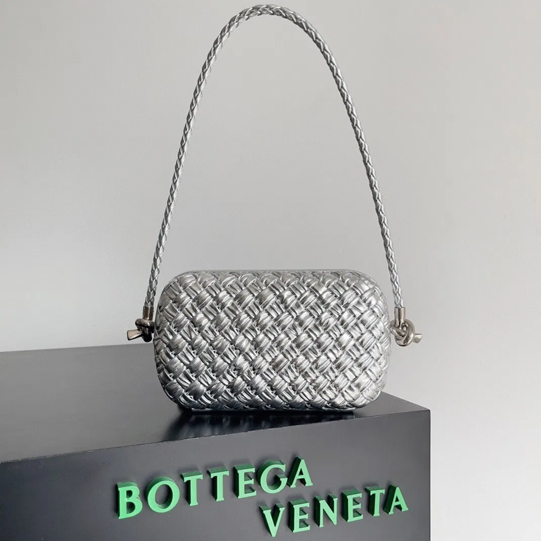 Bottega Veneta Knot Minaudiere On Strap Silver Intreccio Laminated Leather — image 5