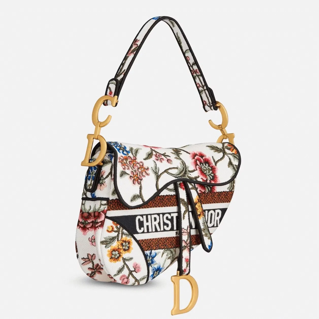 Dior Saddle Bag in White Multicolor Dior Petites Fleurs Embroidery