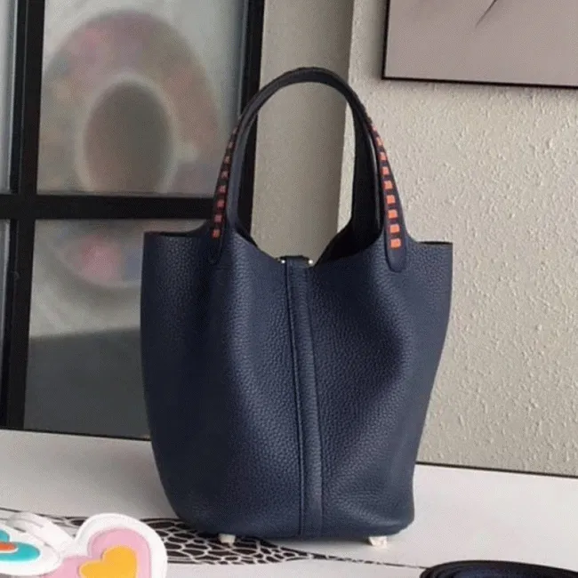 Navy blue Hermes Picotin Lock 22cm handbag with braided handles