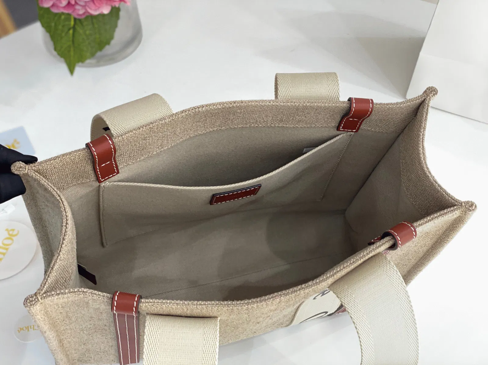 Top Quality Knockoff Chloe Woody Medium Tote Bag in Linen Canvas with Brown Leather — image 9