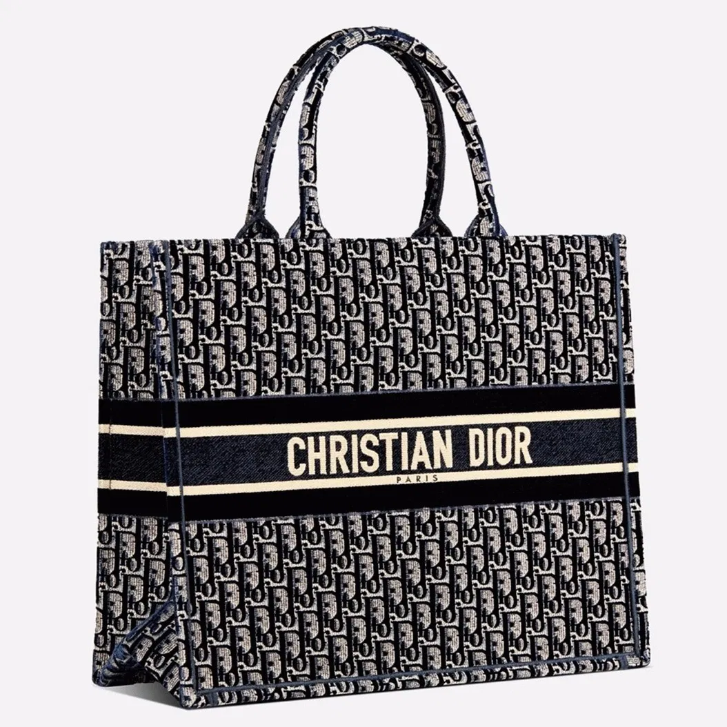 Dior Large Book Tote Bag in Blue Oblique Embroidered Velvet