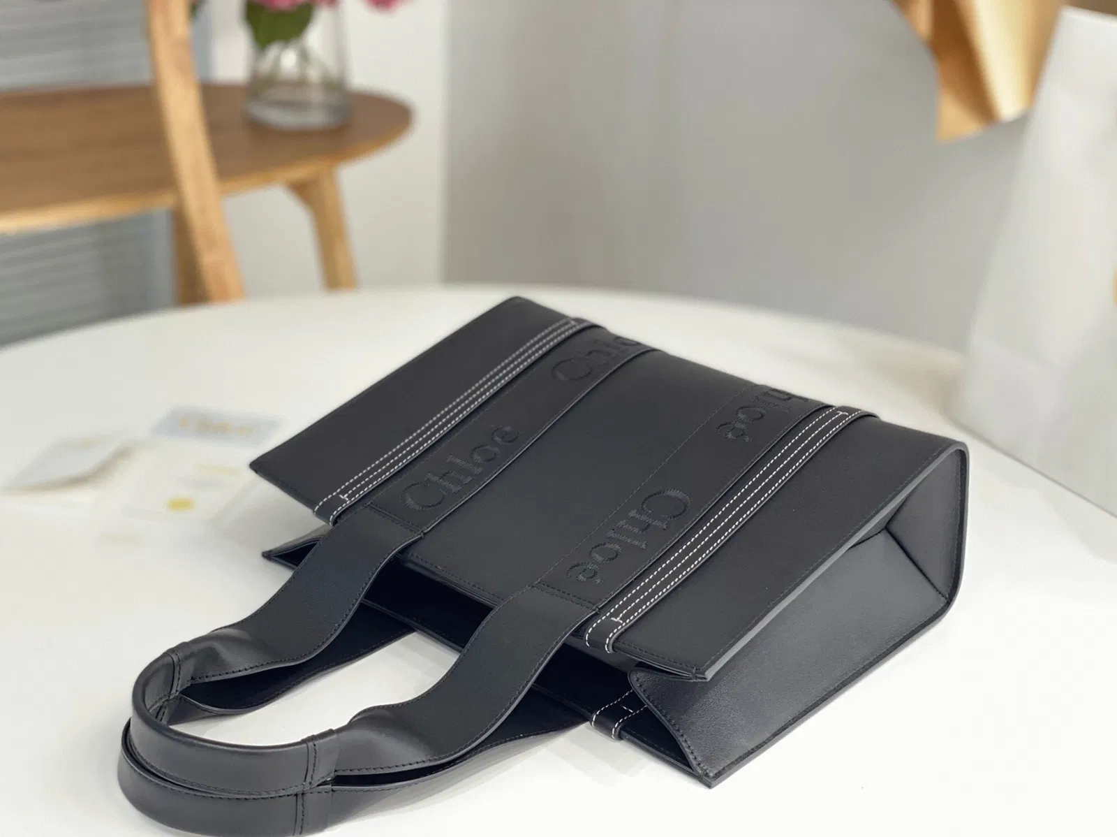 Top Quality Imitation Chloe Woody Medium Tote Bag In Black Calfskin — image 9