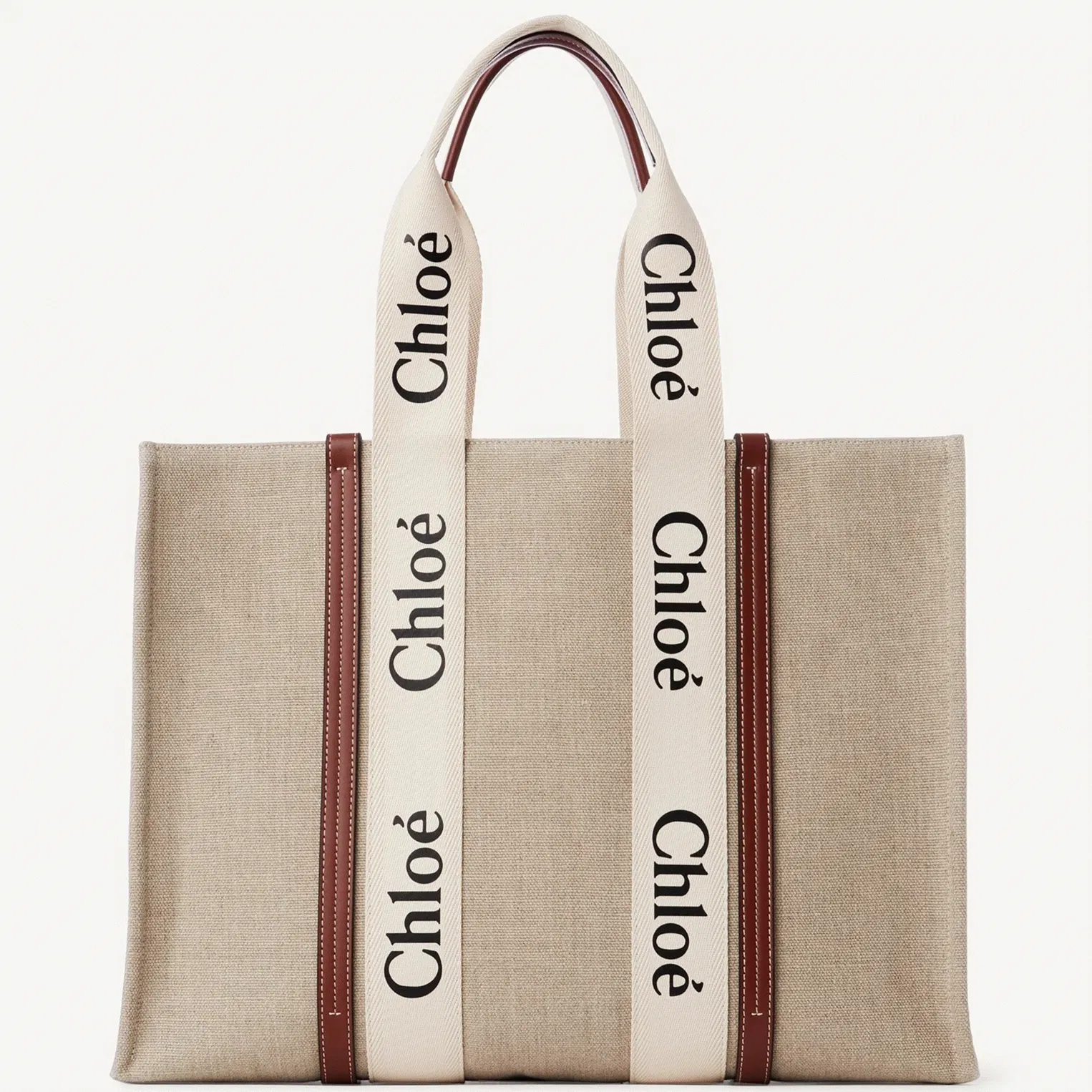 Top Quality Chloe Medium Woody Tote Bag in Canvas with Tan Leather Strips