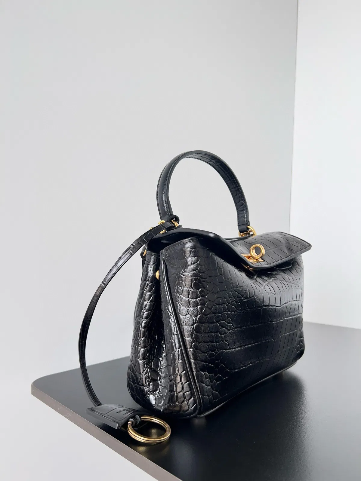 Knockoff Balenciaga Rodeo Mini Bag Black Crocodile Embossed Calfskin — image 5