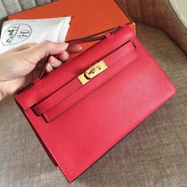 Hermes Red Epsom Designer Kelly Pochette Classic Purse