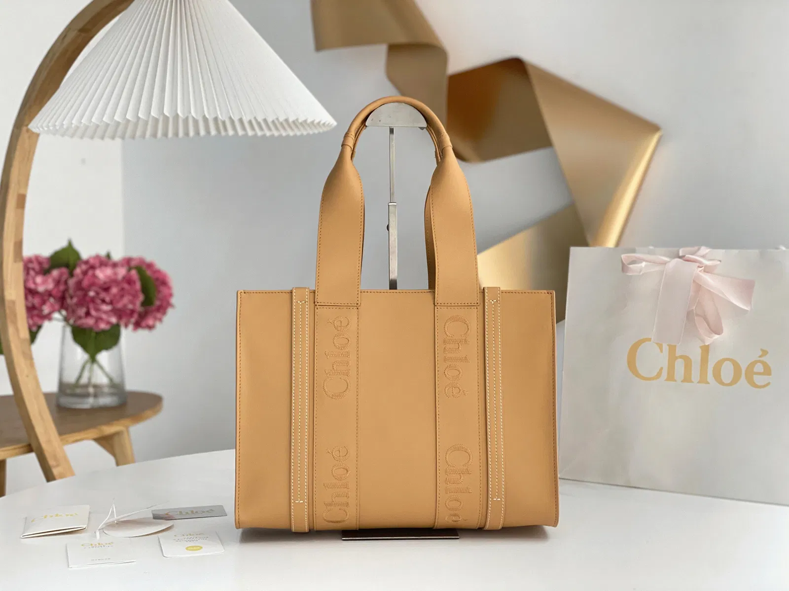 Top Quality Knockoff Chloe Woody Medium Tote Bag In Beige Calfskin — image 3