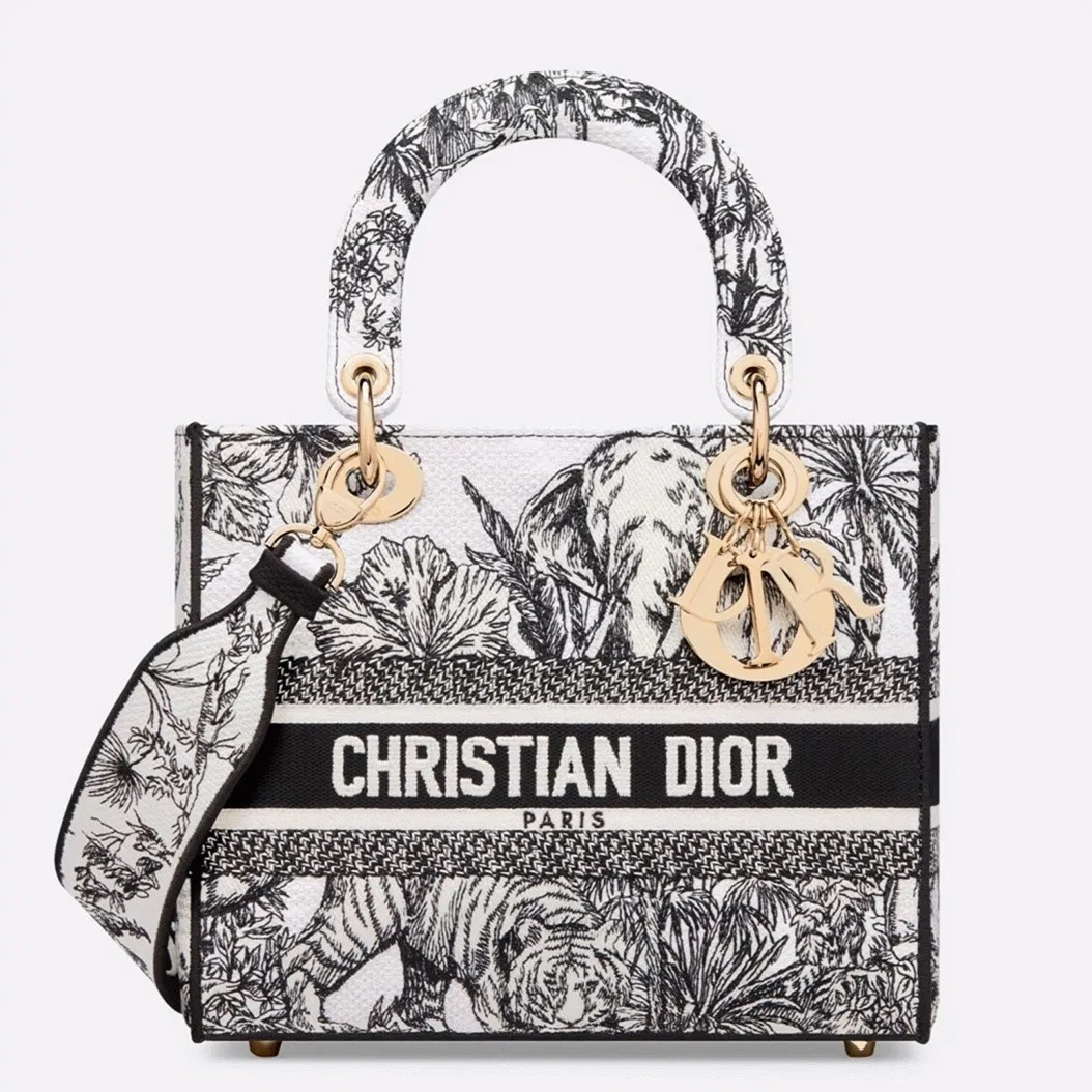 Dior Lady D-Lite Medium Bag Knockoff in White Toile de Jouy Voyage Embroidery