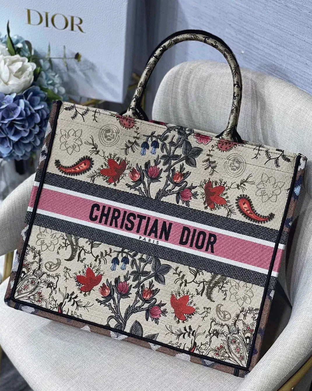 Dior Large Book Tote Bag in Multicolor Dior Flowers Embroidery — image 3