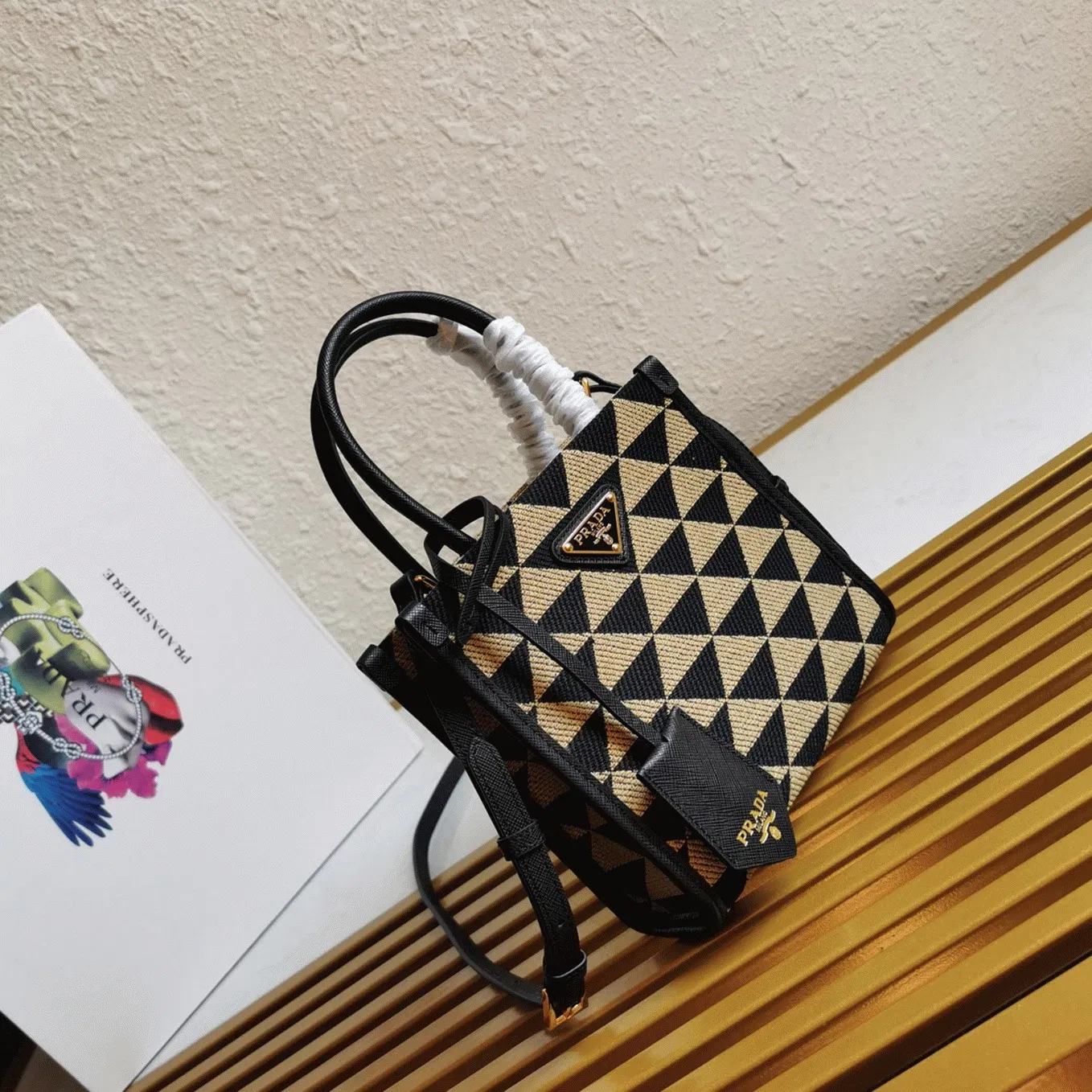 Prada Symbole Micro Bag in Black/Beige Jacquard Fabric — image 6