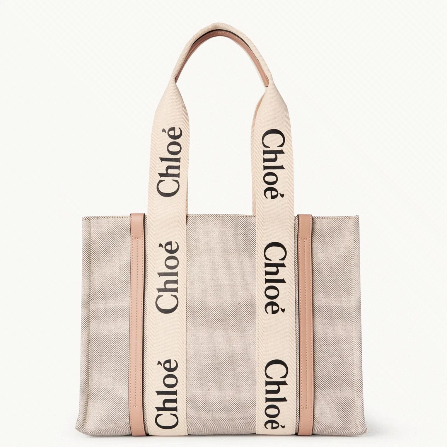 Top Quality Chloe Medium Woody Tote Bag in Canvas with Beige Leather Strips