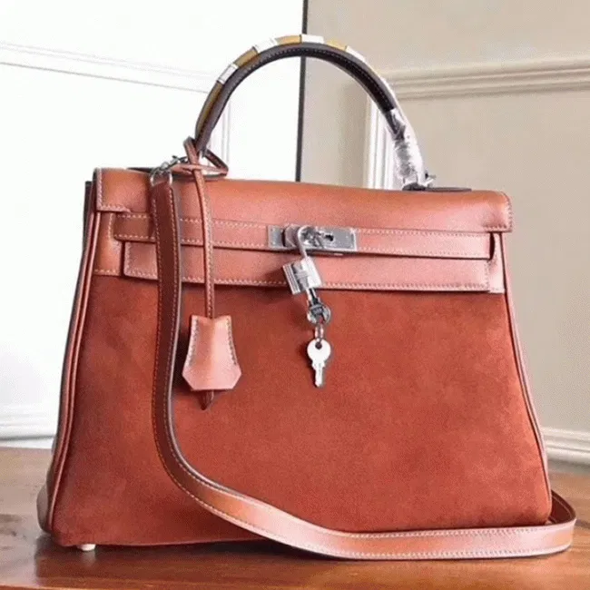 Brown Suede Hermes Kelly 32cm Bag with Zigzag Handle