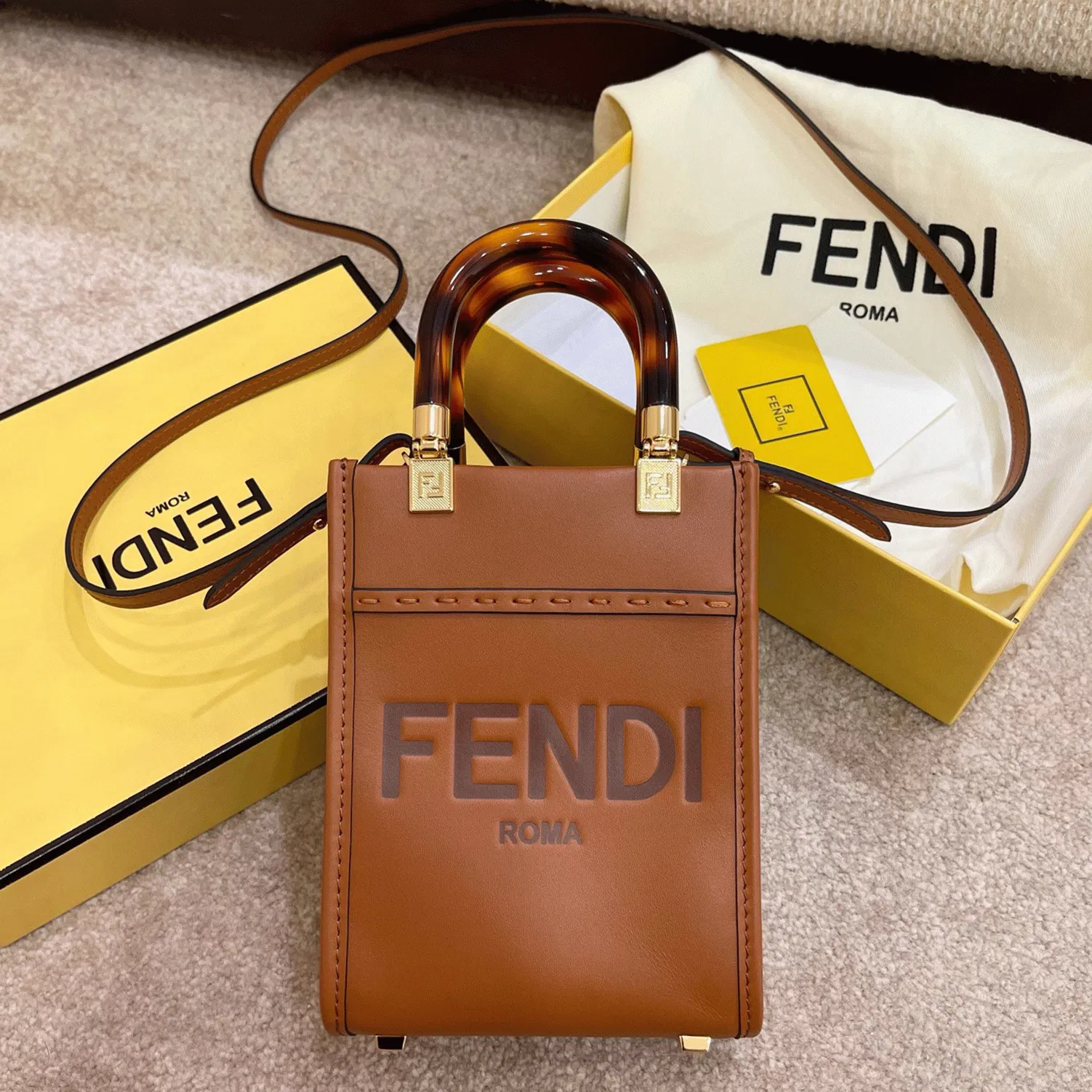 Top Quality Fendi Mini Sunshine Shopper Bag In Brown Leather — image 10