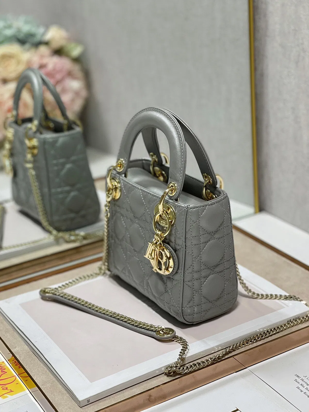Dior Lady Dior Mini Chain Bag in Grey Pearlescent Lambskin — image 8