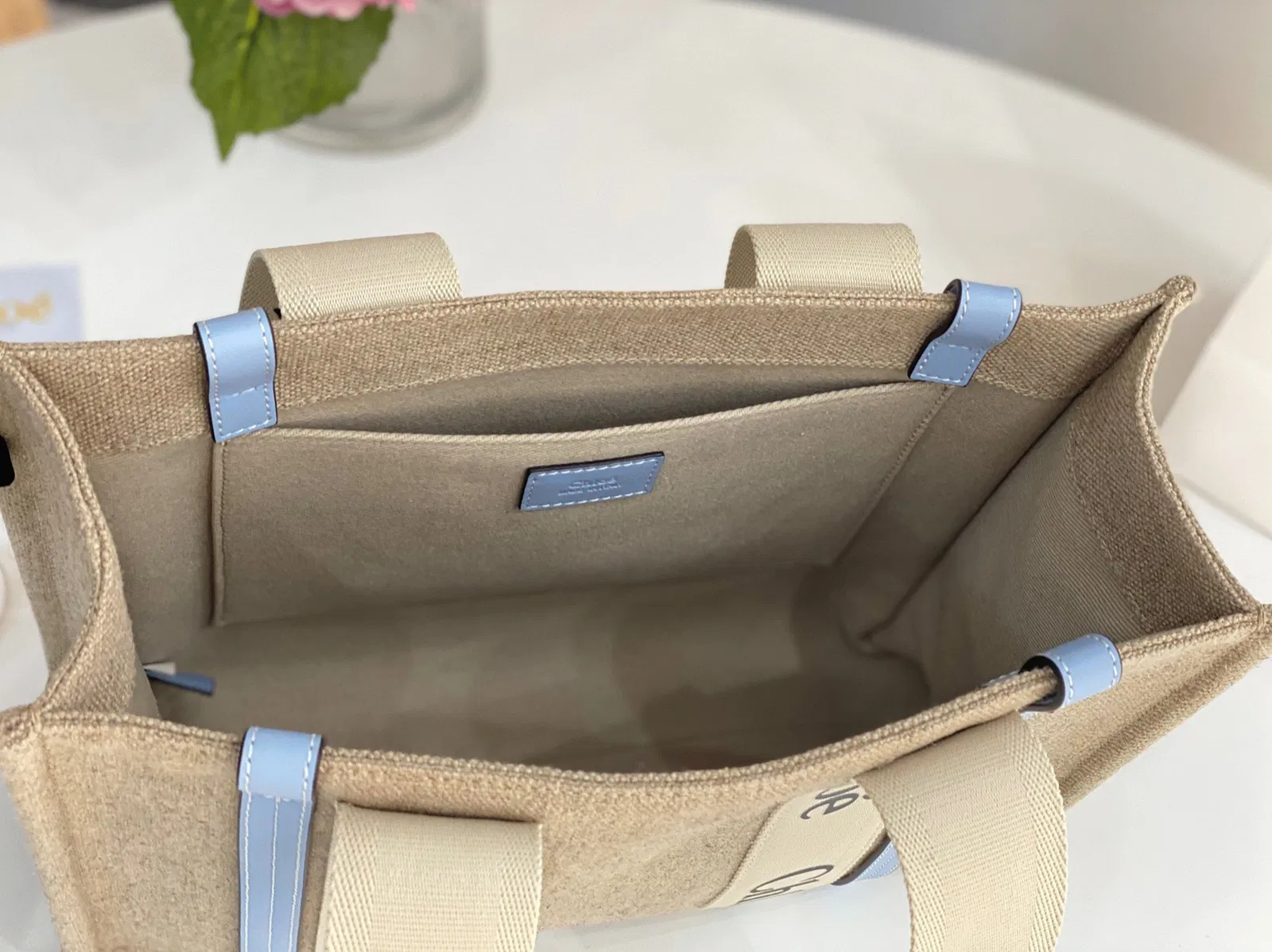 Top Quality Chloe Woody Medium Tote Bag in Linen Canvas with Blue Leather — image 9