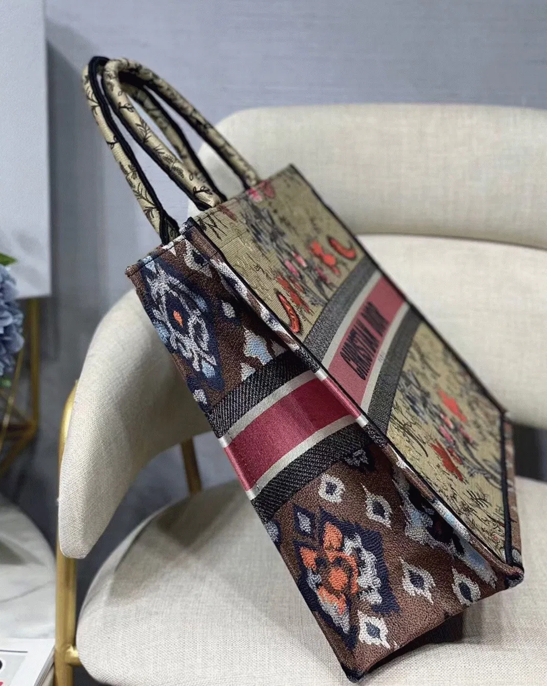 Dior Large Book Tote Bag in Multicolor Dior Flowers Embroidery — image 6