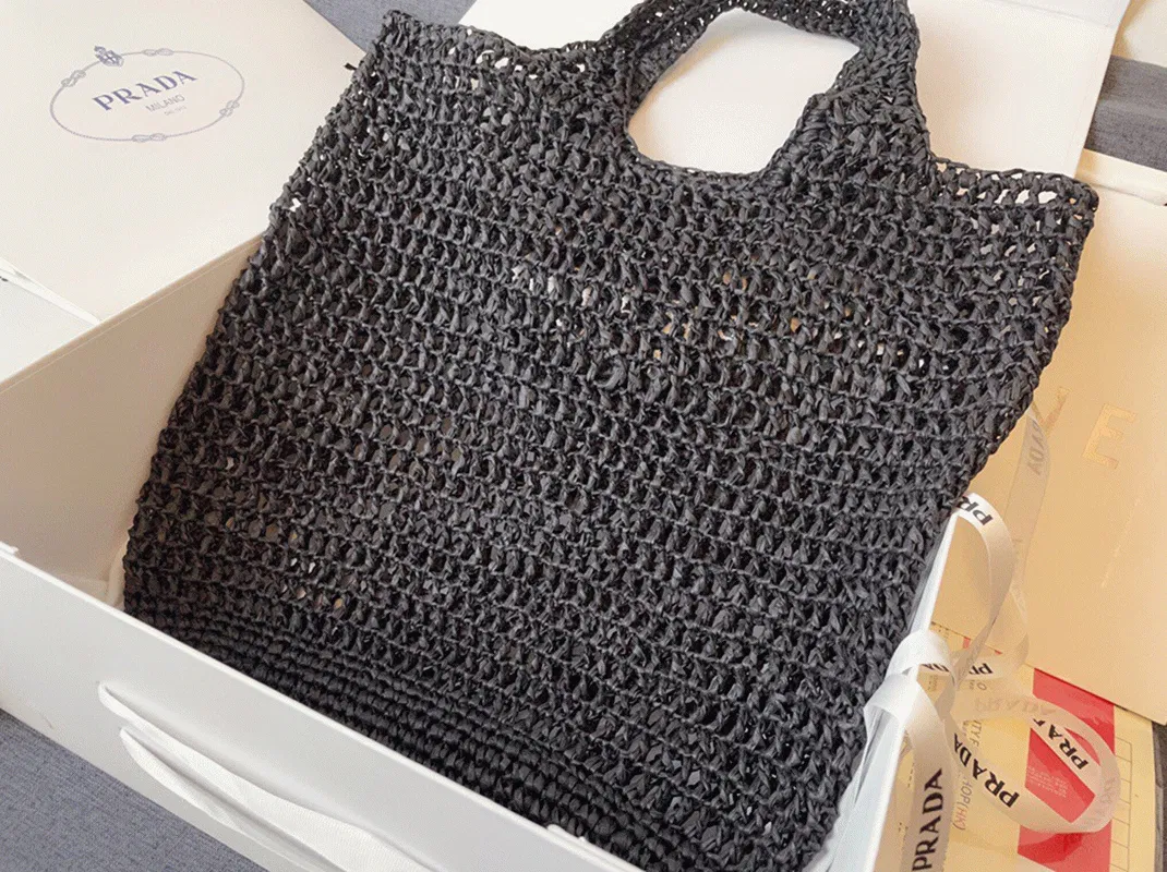 Prada Large Tote Bag in Black Woven Raffia — image 3