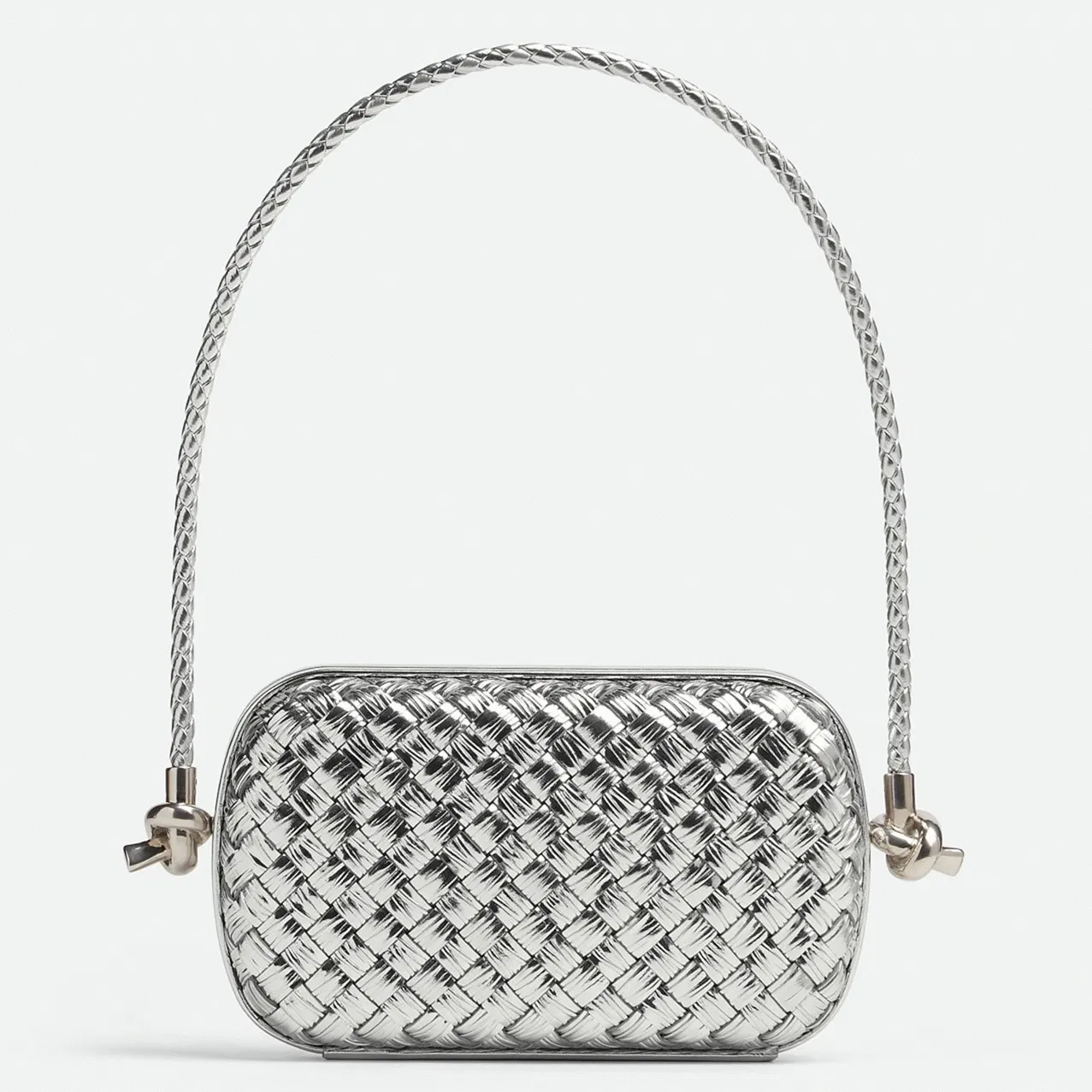 Bottega Veneta Knot Minaudiere On Strap Silver Intreccio Laminated Leather