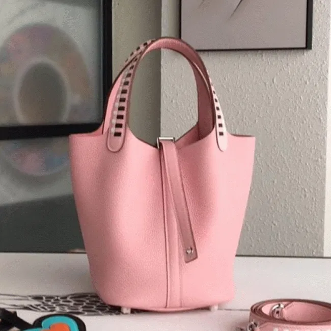 Pink Hermes Picotin Lock 22cm handbag with braided handles