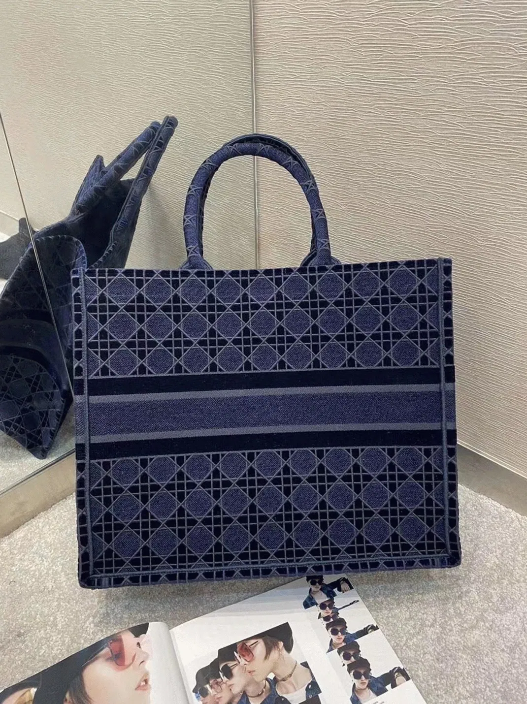 Dior Large Book Tote Bag Knockoff in Blue Cannage Embroidered Velvet — image 2